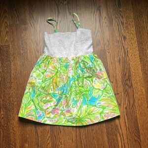 Lily Pulitzer White Eyelet Bodice Green Pink Tropical Print Sundress
